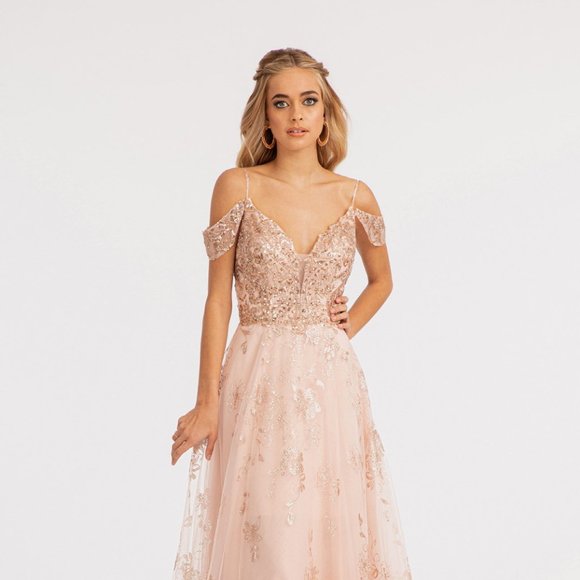 NEW LONG A-LINE OFF THE SHOULDER SLEEVELESS MESH DRESS WITH ZIPPER BACK GL3070